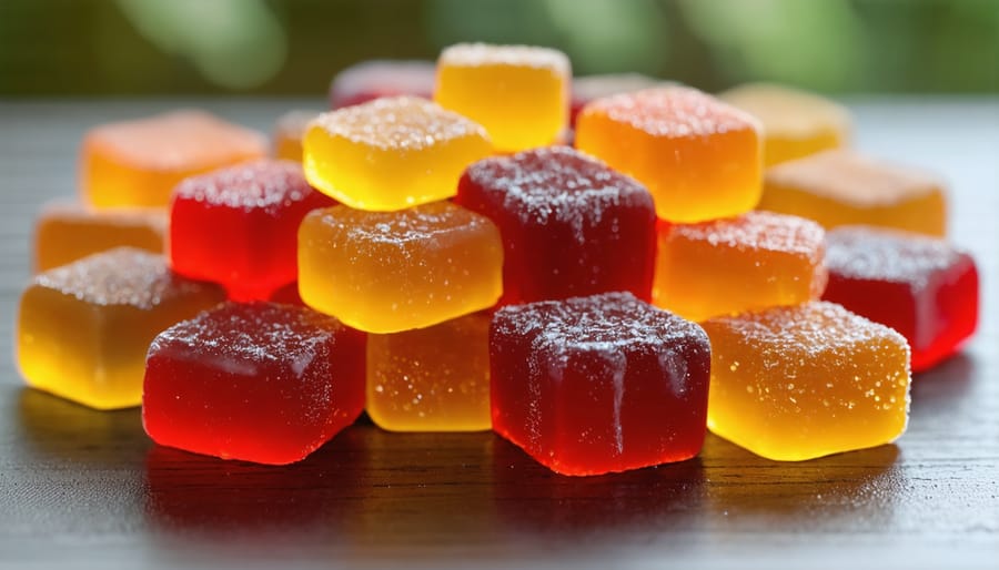 Assorted THC gummies in various colors and shapes on a table