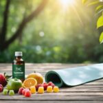 A harmonious composition featuring a yoga mat, fresh fruits, and a bottle of THC gummies on a table, reflecting the integration of THC gummies into a healthy lifestyle for relaxation and wellness.