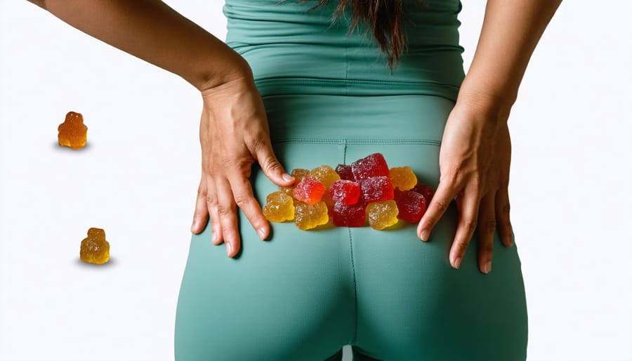 Individual experiencing back pain relief with a focus on THC gummies